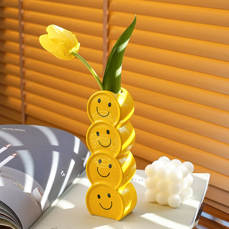 Vaso creativo in ceramica con faccina sorridente in stile crema, decorazione di alta qualità per la casa, soggiorno, composizione floreale, regalo