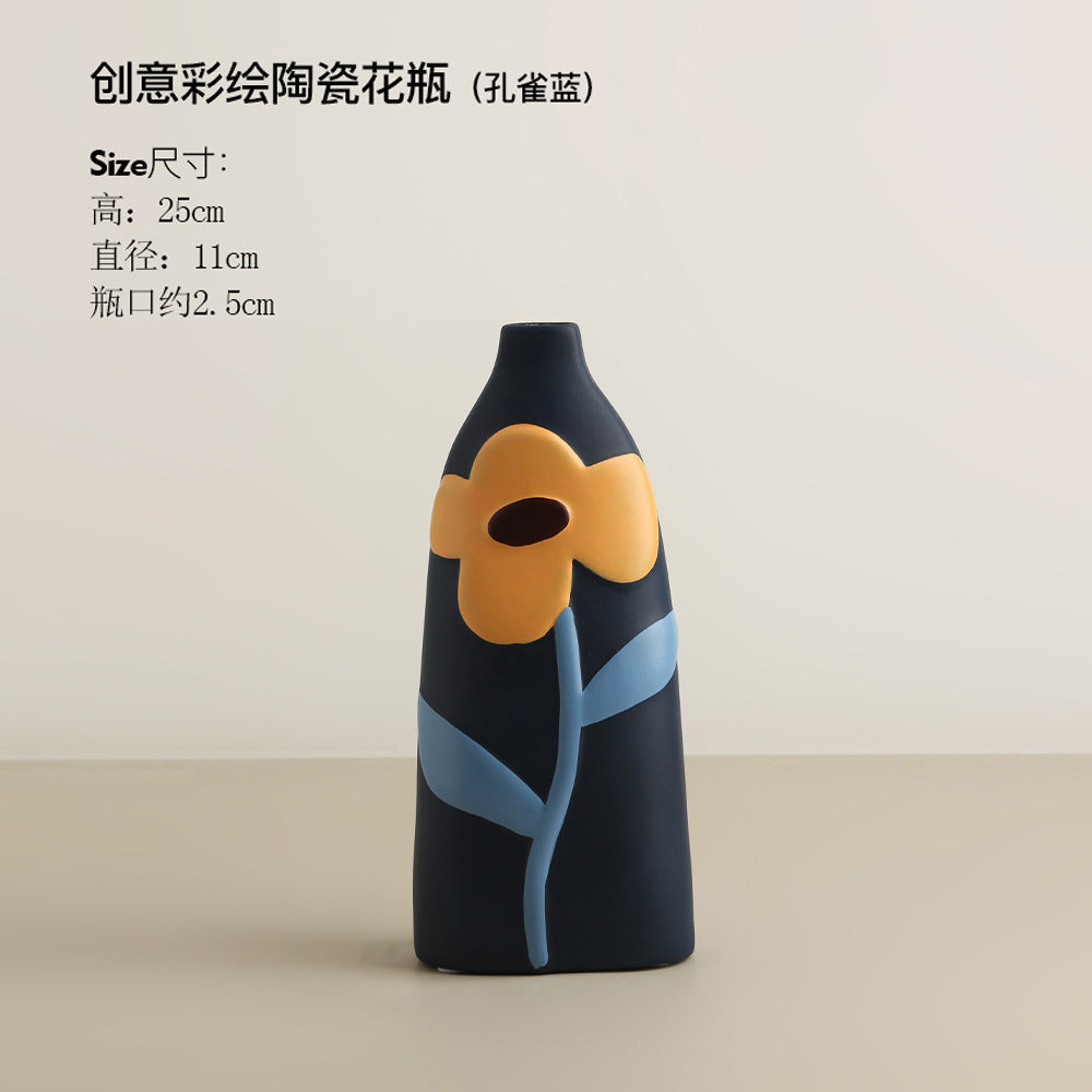 Wabi-sabi style creative painted ceramic vase ornaments living room flower arrangement porch TV cabinet decoration vase