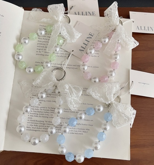 Pearl lace pattern ribbon mobile phone chain (blue)