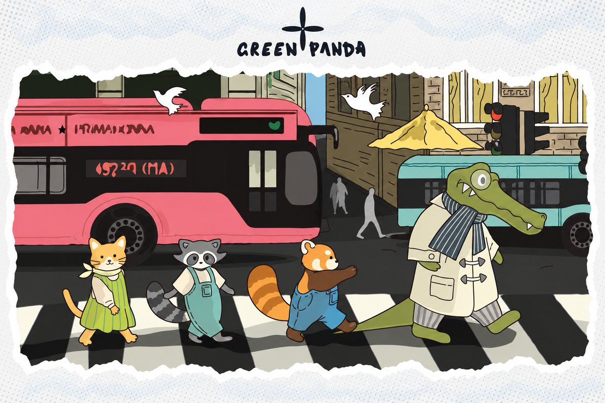 I personaggi GREEN PANDA passeggiano in città fra autobus colorati e piccioni.