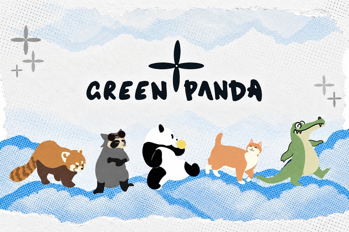 Il logo GREEN PANDA e i cinque personaggi originali su onde di carta azzurra.