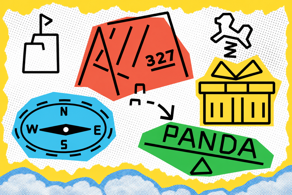 Un collage illustrato con una bussola, una confezione regalo e l’insegna PANDA.